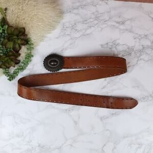 Fossil Brown Leather Belt Boho Victorian Metal Buckle Pink Rhinestone Medium